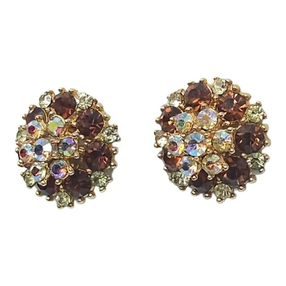 CROWN TRIFARI Silver Tone Topaz Rhinestone Flower Clip Earrings Late 50s/60s - Picture 3 of 5